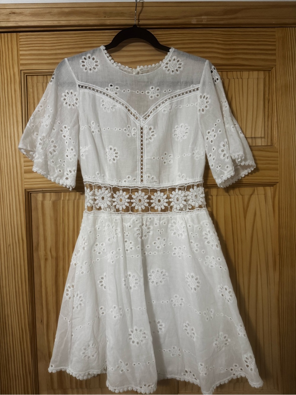 Women’s White Backless Eyelet Lace Dress with Crochet Waist